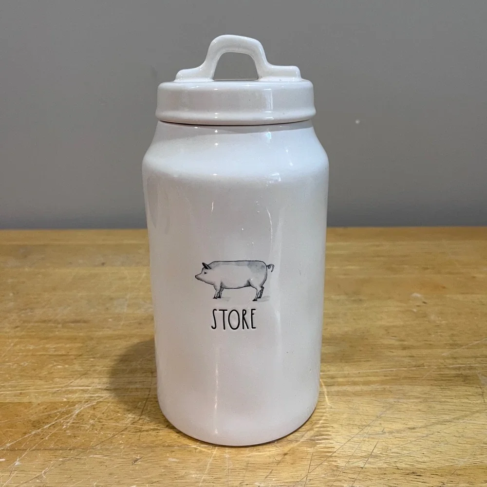 Rae Dunn STORE Pig Ceramic Canister White Farmhouse Jar with Lid Magenta‎